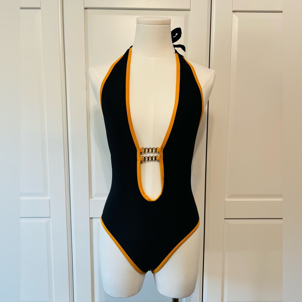 Black One-Piece Halter Swimsuit with Gold Trim in Sizes S, M, L